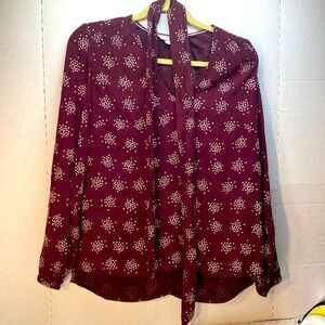 Boden US 6 V Neck Long Sleeve Blouse Maroon.Clusters with Tie